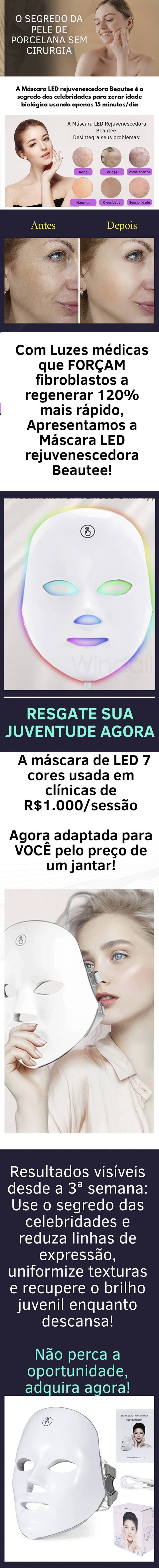 mascara rejuvenescedora led 7 cores anti-rugas, anti-acne, anti-manchas, sete funções